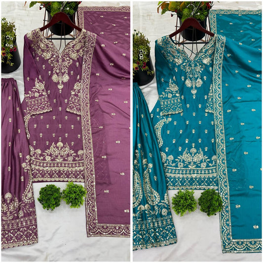 Dusty Chinon Punjabi Suit with Dupatta – Sequin Embroidery Elegance