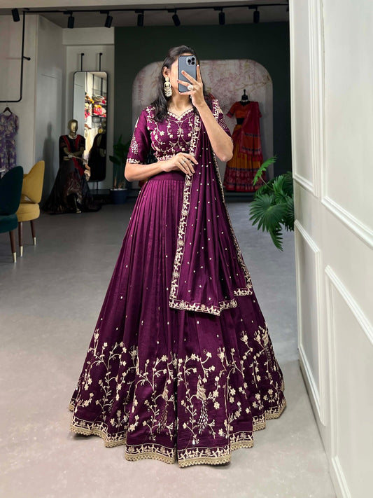 Indian Pakistani Beautiful Vichitra Silk Lehenga Choli Set with Sequin & Thread Embroidery – Stitched Lehenga