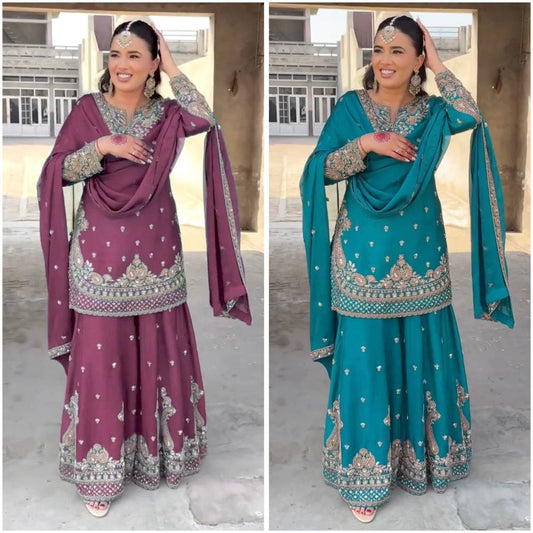 Dusty Chinon Punjabi Suit with Dupatta – Sequin Embroidery Elegance