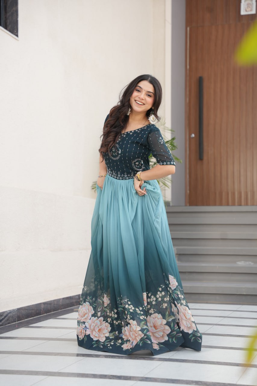 Indian Readymade Designer Gown – Faux Blooming Fabric with Beads Embroidery & Floral Digital Print
