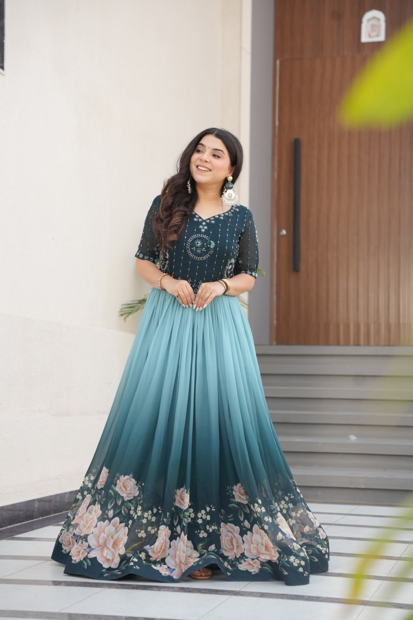 Indian Readymade Designer Gown – Faux Blooming Fabric with Beads Embroidery & Floral Digital Print