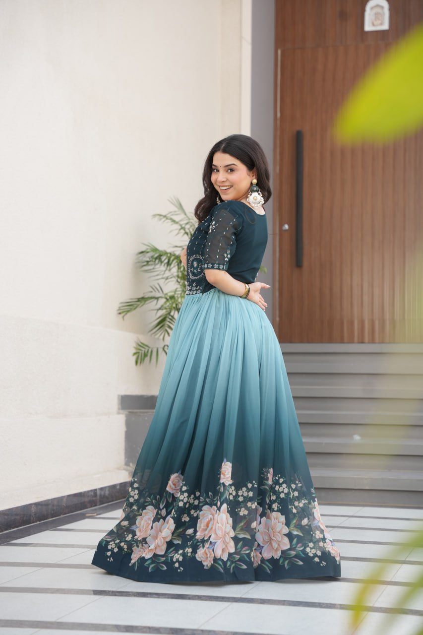 Indian Readymade Designer Gown – Faux Blooming Fabric with Beads Embroidery & Floral Digital Print