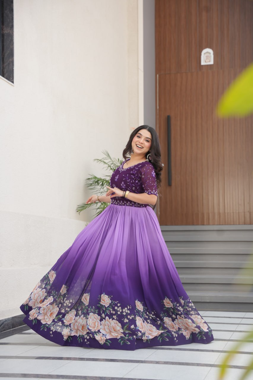 Indian Readymade Designer Gown – Faux Blooming Fabric with Beads Embroidery & Floral Digital Print