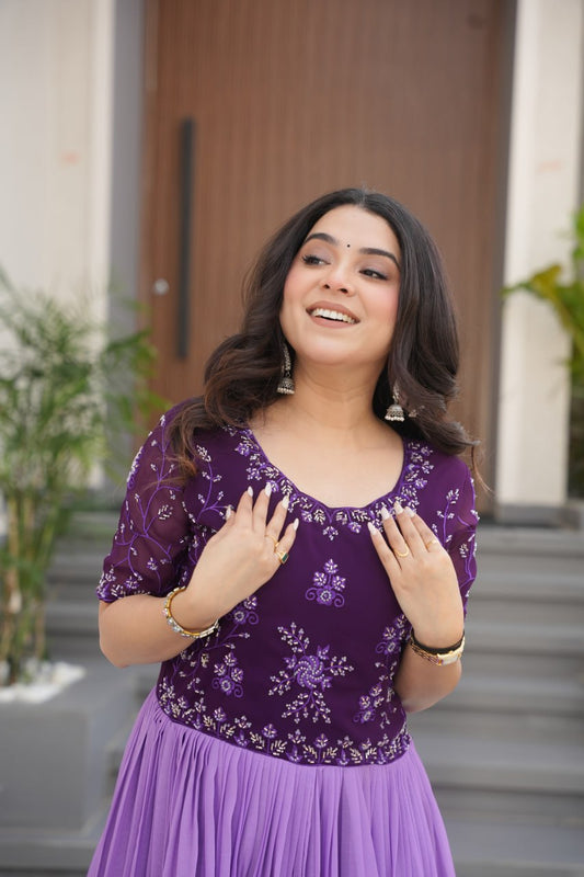 Indian Readymade Designer Gown – Faux Blooming Fabric with Beads Embroidery & Floral Digital Print