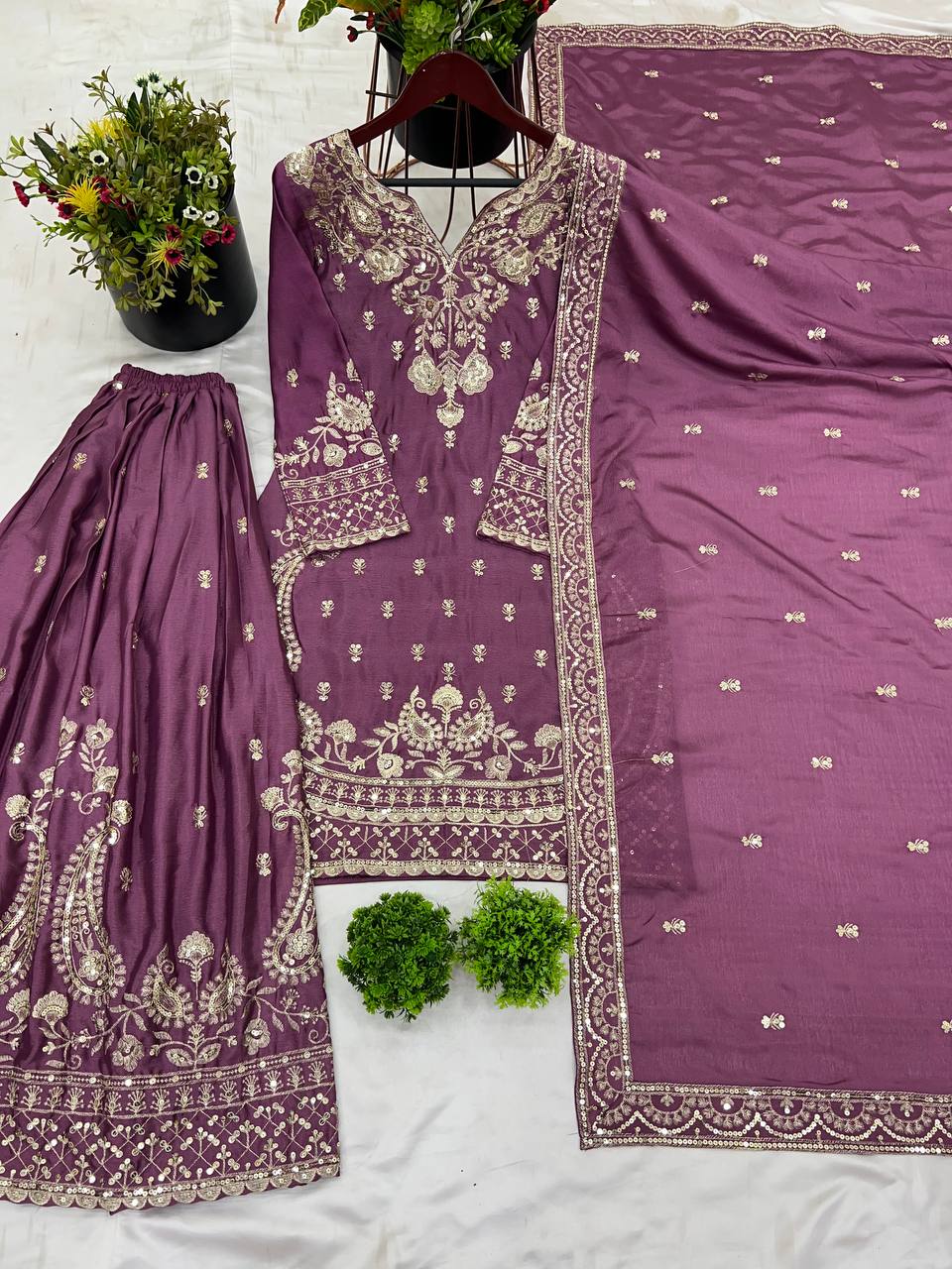 Dusty Chinon Punjabi Suit with Dupatta – Sequin Embroidery Elegance