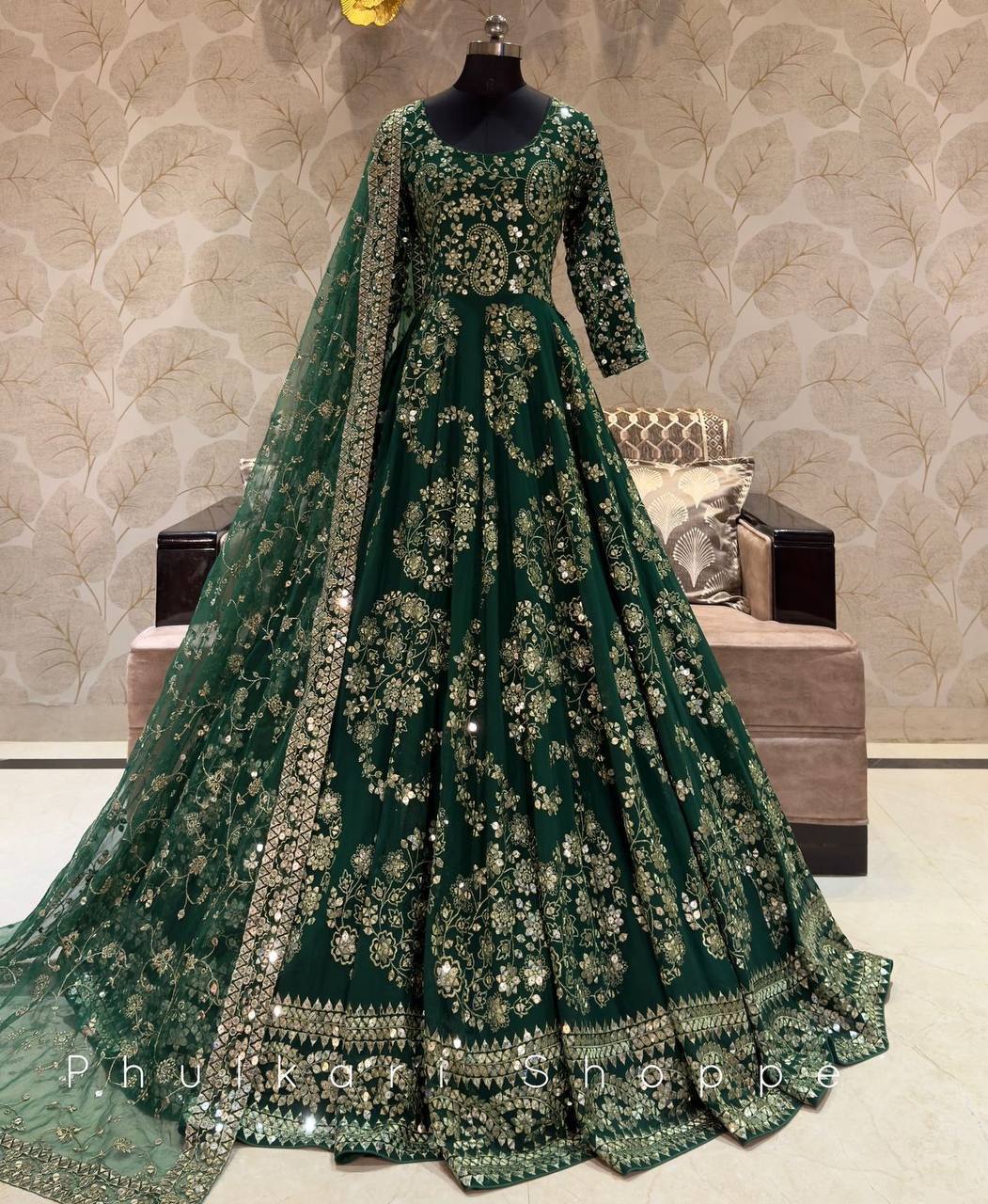 Premium Chinon Silk Gown & Pant Dupatta Set – Heavy Embroidery & Sequin Work | Fully Stitched & Ready to Wear