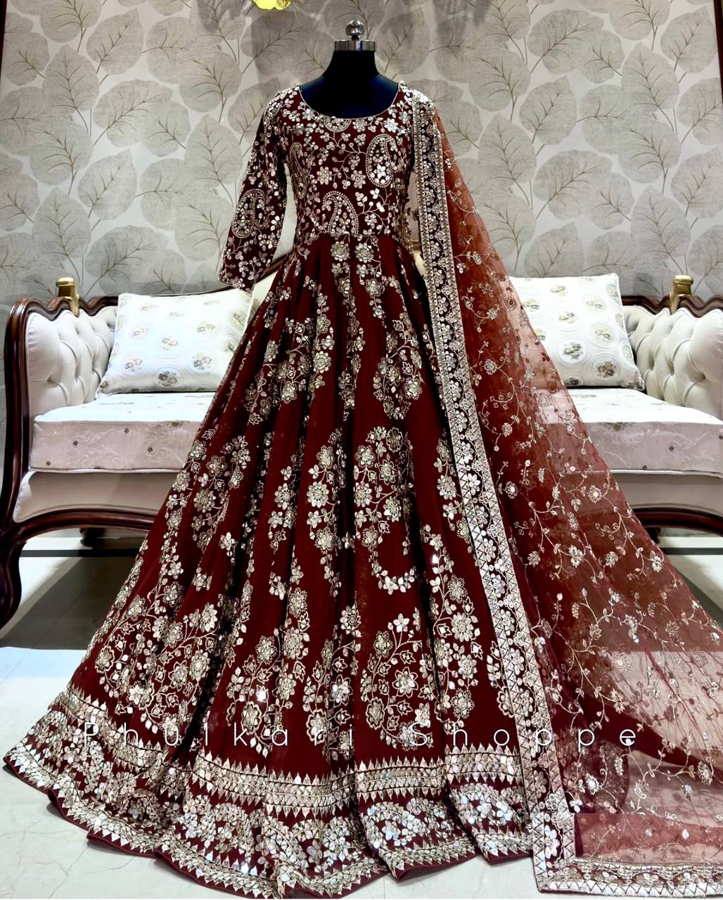 Premium Chinon Silk Gown & Pant Dupatta Set – Heavy Embroidery & Sequin Work | Fully Stitched & Ready to Wear