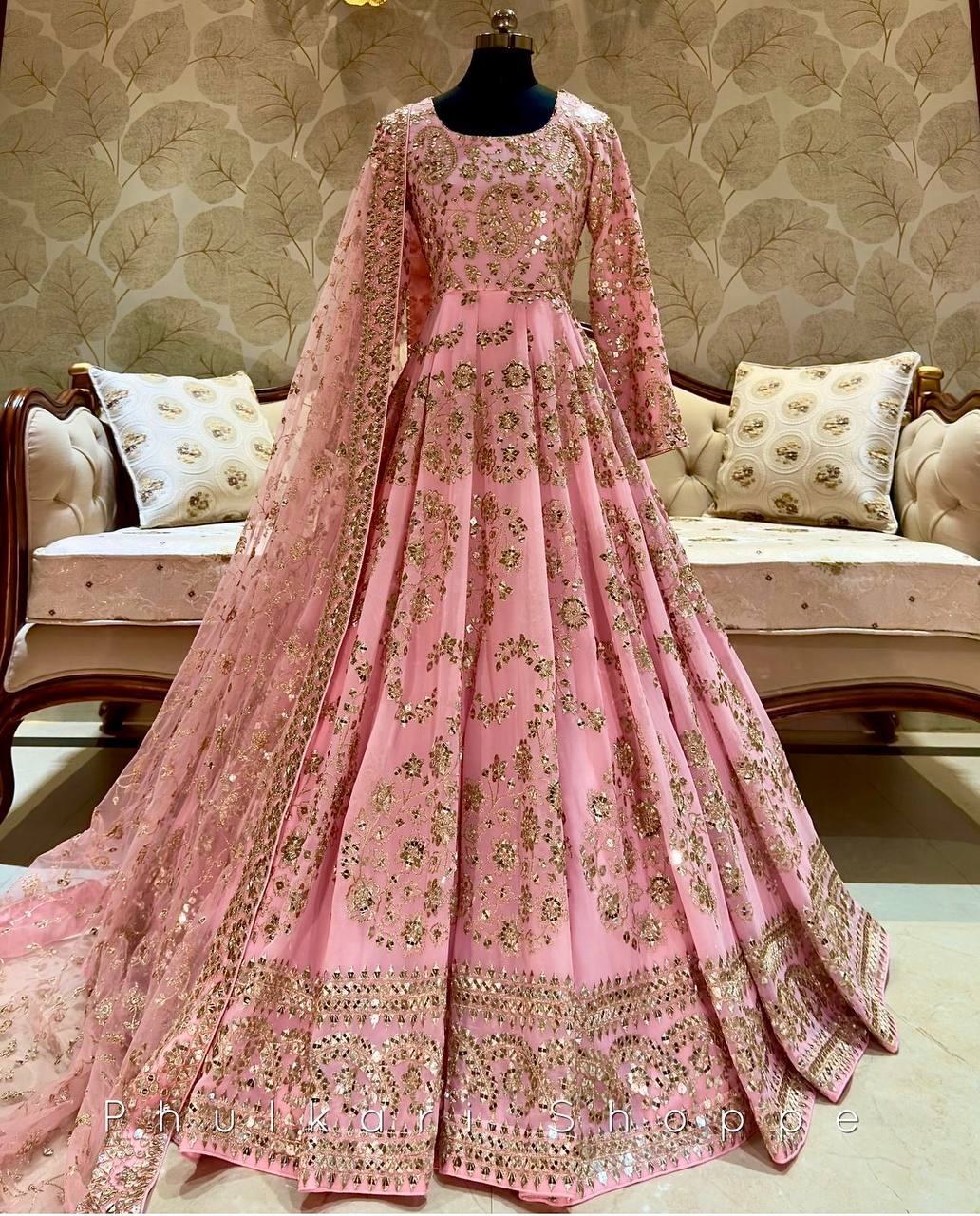 Premium Chinon Silk Gown & Pant Dupatta Set – Heavy Embroidery & Sequin Work | Fully Stitched & Ready to Wear